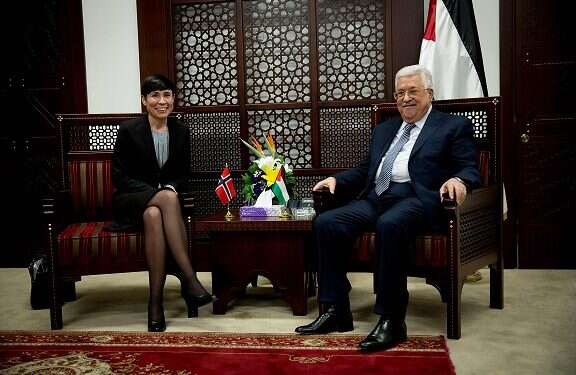 Norwegian FM Ine Eriksen Soreide and Palestinian Authority President Mahmoud Abbas in Ramallah PA donor nations to meet in Brussels in push for peace talks