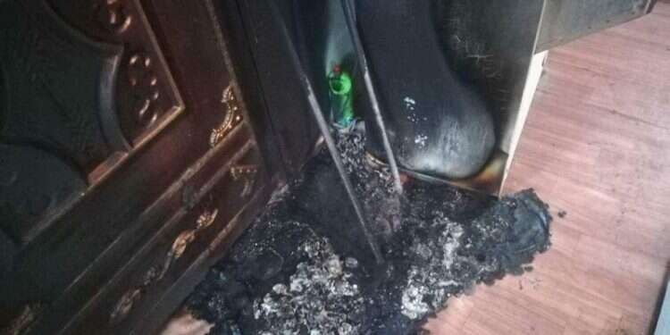 Hebrew graffiti on the wall of the Saada Mosque reads 'revenge' |The perpetrators of the crime tried to set fire to the mosque door |