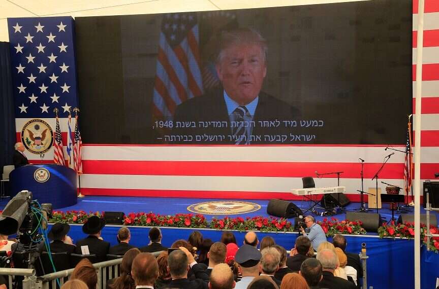 U.S. President Donald Trump delivering his video address during the new embassy's inauguration ceremony Trump celebrates 'long time coming' relocation of embassy to Jerusalem