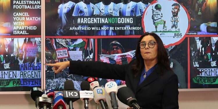 Sports Minister Miri Regev at Wednesday's press conference Israel demands probe into 'threats' behind Argentina soccer dispute