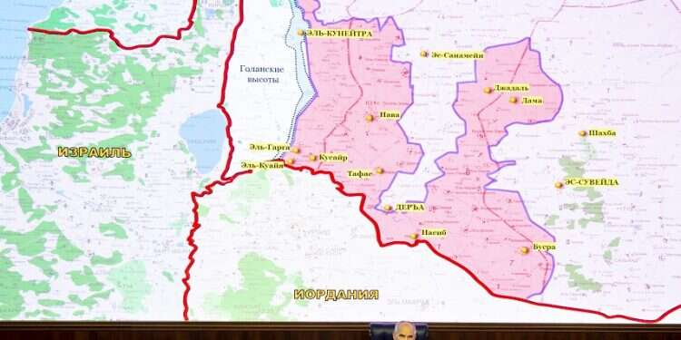 Russian Col. Gen. Sergei Rudskoy explains current deployment against a map of Israel As UN forces return to Israel-Syria border, Iran's presence still felt