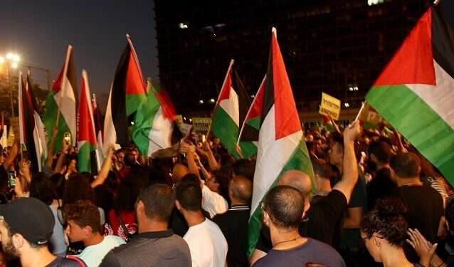Demonstrators wave Palestinian flags during a rally against the nation-state law in Tel Aviv earlier this month Arab MK slams 'racist right-wing' push to ban Palestinian flags