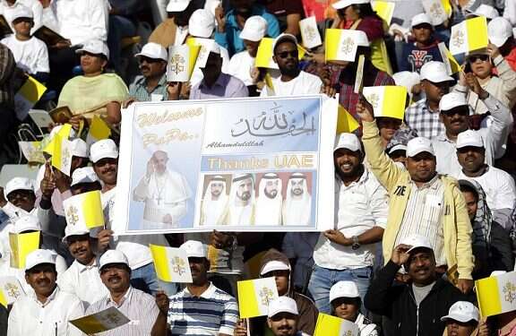 People crowd the Zayed Sports City Stadium as they wait for the arrival of Pope Francis in Abu Dhabi Pope Francis to hold historic Mass on Arabian Peninsula