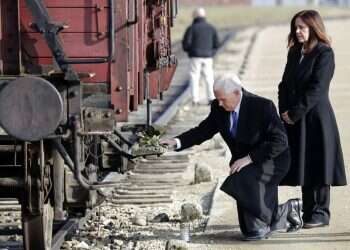 US vice president makes his first Auschwitz visit, takes aim at Iran