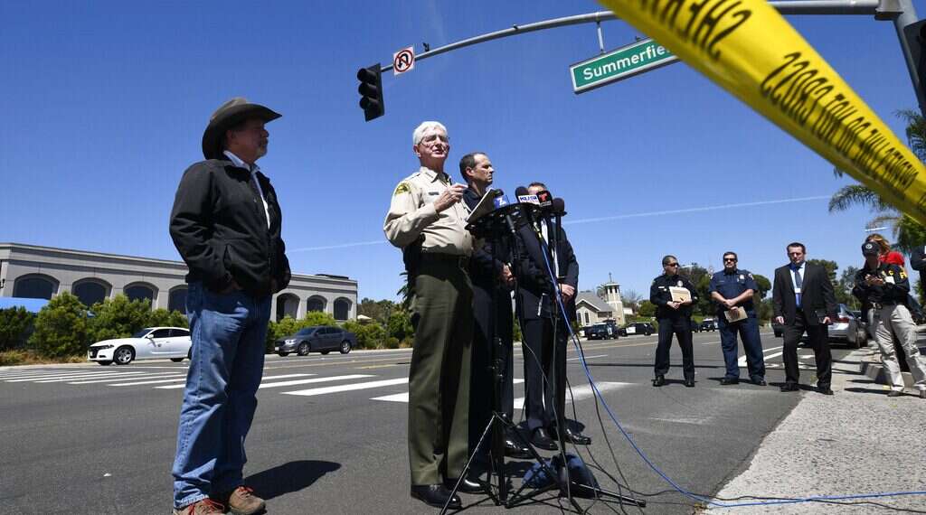 San Diego County Sheriff Bill Gore, center, speaks at a news conference held outside of the Chabad of Poway synagogue, Saturday Strategic affairs minister: Times cartoon inspired synagogue shooter