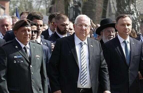 Former IDF Chief of Staff Gadi Eizenkot, President Reuven Rivlin and Polish President Andrzej Duda attend the March of the Living in 2018. Senior Israeli, Polish leaders to skip March of the Living amid diplomatic tensions