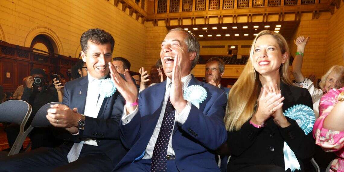 Brexit Party leader Nigel Farage reacts as results are announced at the counting center for the European Elections for the South East England region, in Southampton, England, late Sunday, May 26, 2019 Europe at crossroads as far-Right makes big gains in vote