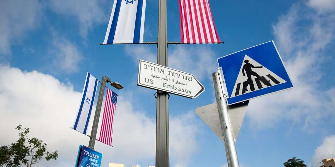 A road sign leading to the US Embassy is seen ahead the official opening in Jerusalem, Sunday, May 13, 2018
Watch: Israel, US celebrate one-year anniversary of embassy dedication in Jerusalem