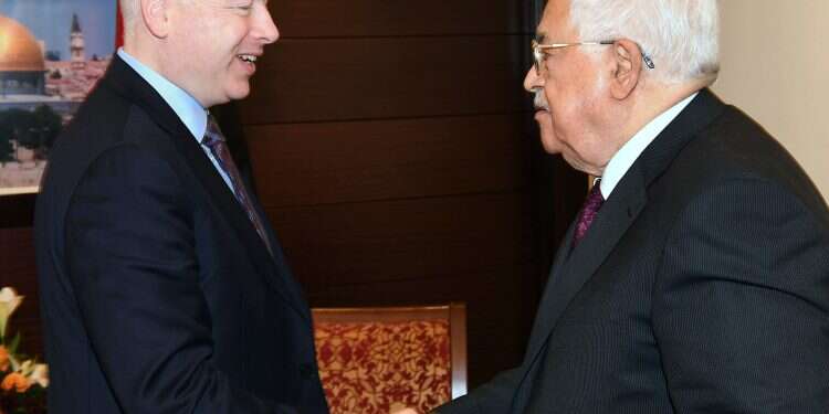 US Special Negotiator for International Relations Jason Greenblatt shakes hands with Palestinian Authority President Mahmoud Abbas at a meeting in Ramallah in May 2017 Greenblatt calls Palestinian boycott of Bahrain summit 'a mistake'