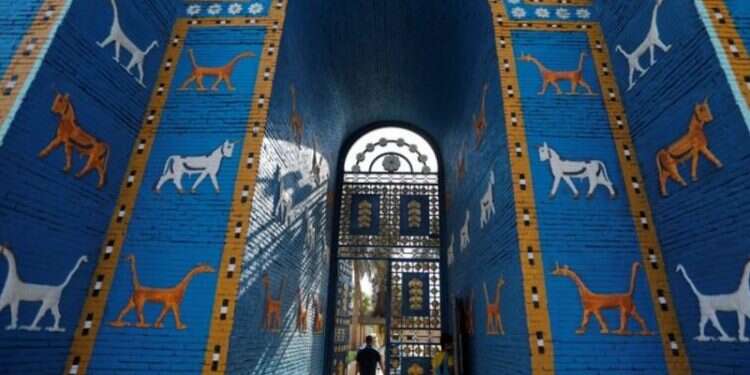 A view of a replica of the Ishtar Gate at the ancient city of Babylon near Hilla, Iraq Ancient Iraqi city of Babylon designated UNESCO World Heritage Site