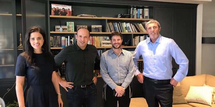 New Right co-founders Ayelet Shaked and Naftali Bennett with National Union head Bezalel Smotrich and Habayit Hayehudi leader Rafi Peretz (Courtesy) Poll: United Right grows stronger, left-wing parties slipping