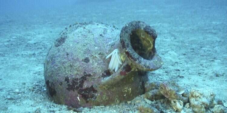 An amphora which dates from between the seventh and fifth centuries BCE is seen underwater near the shore of the Karaburun Peninsula, Albania 22 ancient amphoras found off Albanian coast