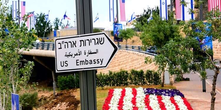 A sign leading to the US Embassy in Jerusalem Exclusive: Israel's national plan to relocate foreign embassies to J'lem