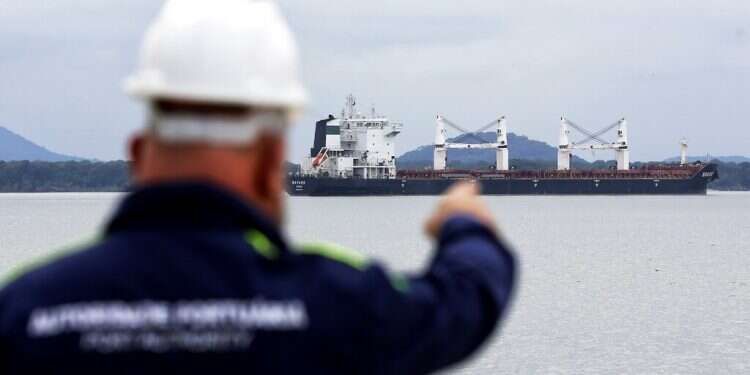 A Port Authority officer points at the Bavand, one of two stranded Iranian vessels anchored at the port in Paranagua, Brazil, on Thursday Brazil's Petrobras must supply fuel to stranded Iranian ships, top court rules