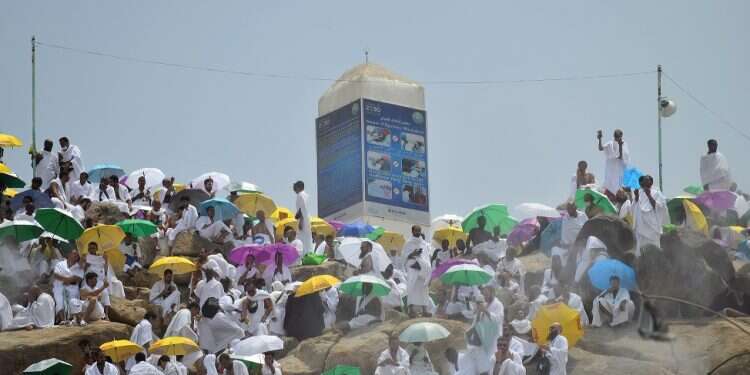 Muslim pilgrims, some holding parasols, pray on Mount of Mercy in Arafat ahead of the Eid al-Adha festival in the holy city of Mecca, Saudi Arabia, Saturday Politics vs pilgrimage: Some Muslims call for Saudi hajj boycott