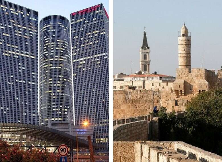 The Azrieli Towers in Tel Aviv (L) and the view of the walls of Jerusalem Tel Aviv tops socio-economic index, Jerusalem slips to near-bottom