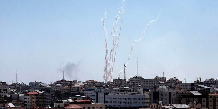 Multiple rockets are fired at Israel from the Gaza Strip during the last serious flare-up of Hamas violence in May 2019 Hamas threatens to rain 'hundreds of rockets' on Israel at a time