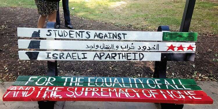A pro-BDS message painted on a bench at George Mason University in Fairfax, Virginia Report finds alarming spike in Israel-related anti-Semitism on US college campuses