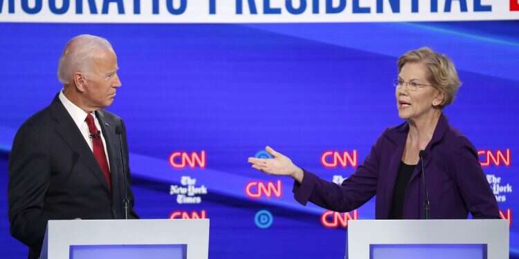 Former Vice President Joe Biden and Sen. Elizabeth Warren participate in a Democratic presidential primary debate hosted by CNN/New York Times at Otterbein University, Tuesday Campaign: Warren's call to exit Middle East referred to combat troops