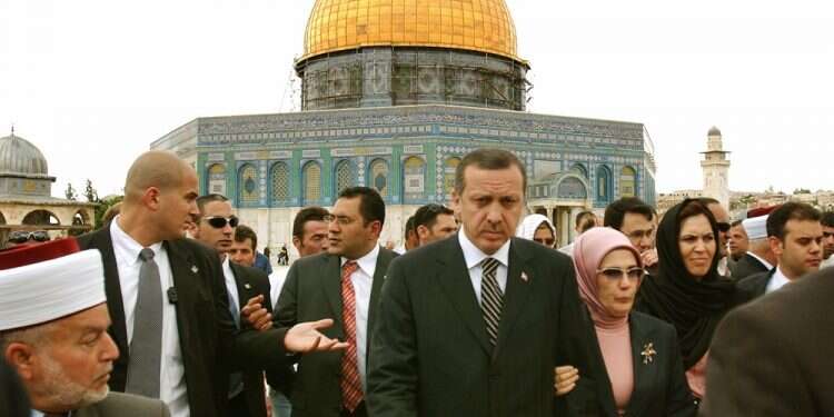 Turkish President Recep Tayyip Erdogan visits the Al-Aqsa Mosque compound on the Temple Mount in Jerusalem in 2005 'The days of the Ottoman Empire are over'