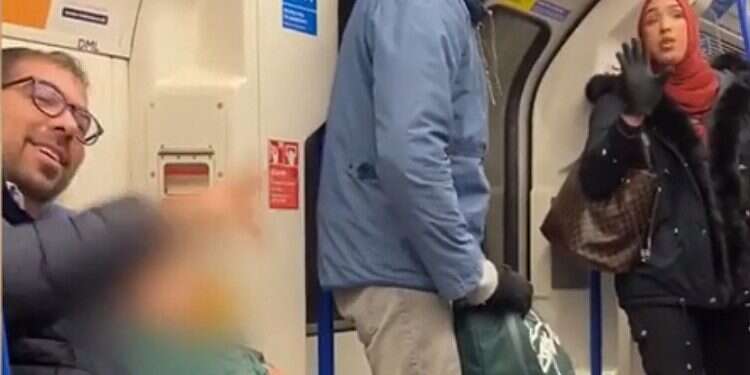 A Muslim woman (right) tries to stop the anti-Semitic attack by a man in the London Tube (standing) Brave Muslim woman stands up to anti-Semite in London