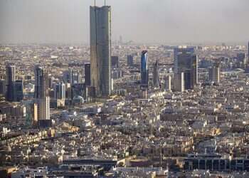 An aerial view shows high-rise buildings in Riyadh, Saudi Arabia In first, Israelis allowed to travel to Saudi Arabia