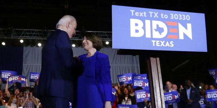 Sen. Amy Klobuchar, D-Minn., endorses Democratic presidential candidate former Vice President Joe Biden at a campaign rally Monday, March 2, 2020 in Dallas On Super Tuesday eve, Biden gets boost from former rivals