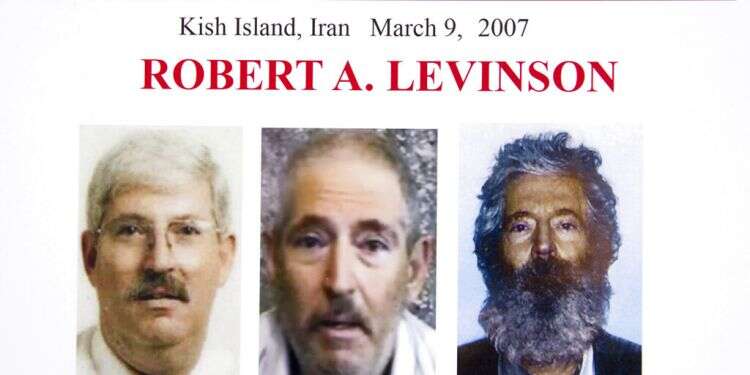 An FBI poster showing a composite image of former FBI agent Robert Levinson, right, of how he would look like now after five years in captivity, and an image, center, taken from the video, released by his kidnappers, and a picture before he was kidnapped, left US judge: Iran liable in disappearance of retired FBI agent Robert Levinson