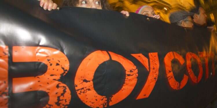 rench demonstrators and supporters of Palestinians of the BDS movement hold a placard with the word 'Boycott' during a demonstration in Paris European court rules against France in Israel boycott activist case