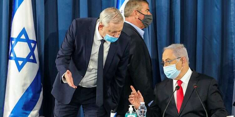 Defense Minister Benny Gantz and Foreign Minister Gabi Ashkenazi of the Blue and White party, with PM Netanyahu at the weekly cabinet meeting in Jerusalem Netanyahu to Gantz: Sovereignty or elections