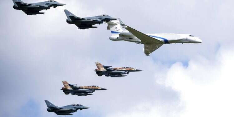 German Eurofighters and Israeli F-16s, escorted an IAF Gulfstream G-550, over the Fuerstenfeldbruck airbase, Tuesday In historic first, Israel Air Force flies above Dachau camp in Germany