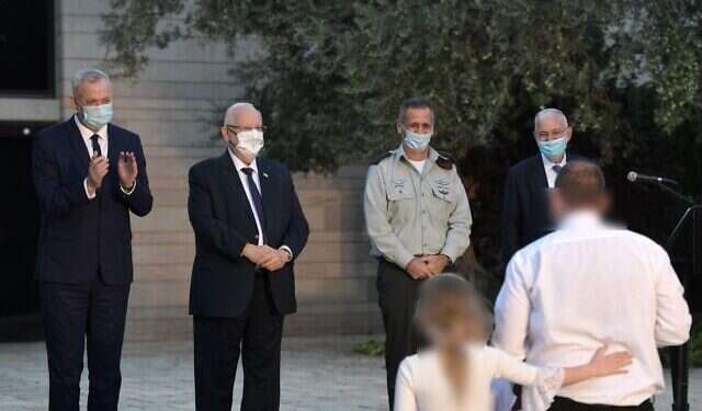Defense Minister Benny Gantz, President Reuven Rivlin, IDF Chief of Staff Aviv Kohavi and former national security adviser Yaakov Amidror at the ceremony in Jerusalem, Sunday 'Vision, resolve, gumption' hailed at Israel Defense Prize ceremony