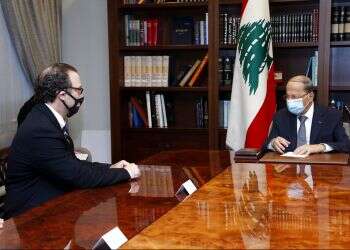 Lebanese President Michel Aoun meets with US Assistant Secretary of State for Near Eastern Affairs David Schenker at the Presidential Palace in Baabda, Lebanon, Oct. 16, 2020 Lebanon praises US mediation in maritime border talks with Israel