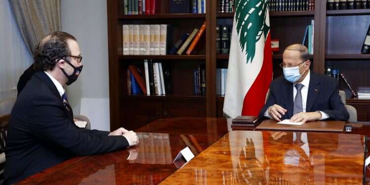 Lebanese President Michel Aoun meets with US Assistant Secretary of State for Near Eastern Affairs David Schenker at the Presidential Palace in Baabda, Lebanon, Oct. 16, 2020 Lebanon praises US mediation in maritime border talks with Israel