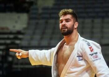 Peter Paltchik reacts after defeating Bulgarian Boris Georgiev during the men's under 100kg weight category quarter final at the European Judo Championship 2020 in Prague, Saturday Israeli judoka Peter Paltchik takes gold at European championships