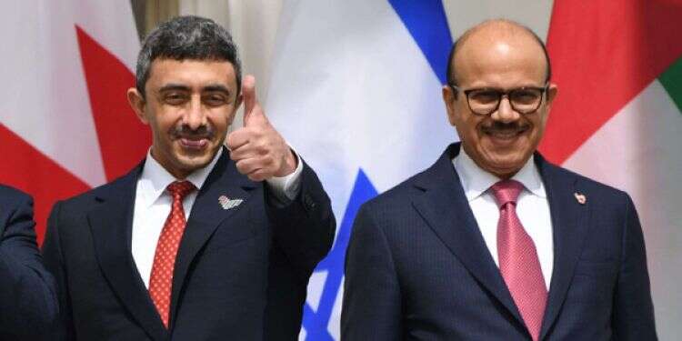 UAE Foreign Minister Abdullah bin Zayed Al-Nahyan and Bahrain Foreign Minister Abdullatif al-Zayani participate in the signing of the Abraham Accords at the White House, Sep. 15 Gulf states hope for Trump's victory, officials say