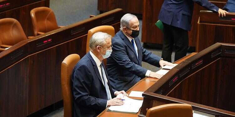 Alternate Prime Minister Benny Gantz, left, and Prime Minister Benjamin Netanyahu in the Knesset Israel 'on the verge of elections,' Gantz warns