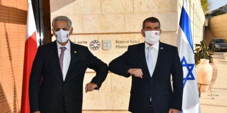 Bahraini Industry, Commerce and Tourism Minister Zayed bin Rashid Al Zayani and Foreign Minister Gabi Ashkenazi in Jerusalem, Dec. 2, 2020 Israel expects $220 million in nondefense trade with Bahrain in 2021