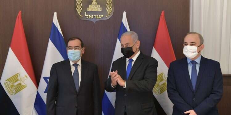 Egyptian Energy Minister Tarek el-Molla, PM Benjamin Netanyahu, and Energey Minister Yuval Steinitz, in Jerusalem, Feb. 21, 2021 Senior Egyptian minister visits Israel to talk energy cooperation