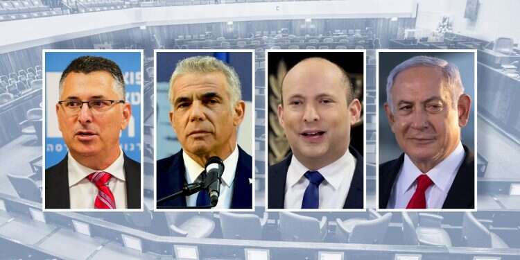 New Hope leader Gideon Sa'ar, Yesh Atid head Yair Lapid, Yamina chief Naftali Bennett and Prime Minister Benjamin Netanyahu Poll predicts political stalemate come elections