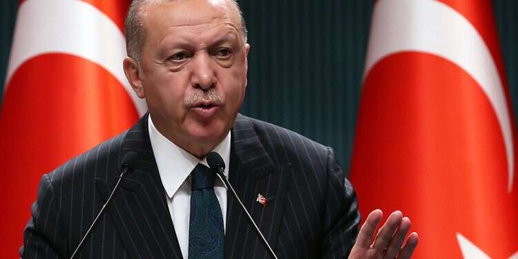 Turkish President Recep Tayyip Erdogan holds a press conference following the weekly cabinet meeting at the Presidential Complex in Ankara on August 24, 2020. (Photo by Adem ALTAN / AFP) *** Local Caption *** 28.08.20 ? Turkey pushes Kosovo to reconsider embassy in Jerusalem