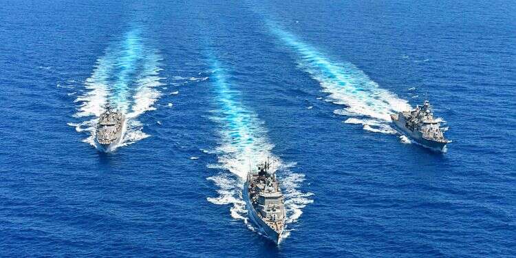 Hellenic Navy ships take part in a military exercise in the Mediterranean Sea on Aug. 25, 2020. Israel, Greece, Cyprus hold naval drill amid deepening ties