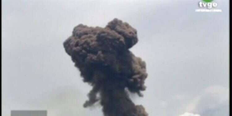 This TVGE image made from video shows smoke rising over the blast site at a military barracks in Bata, Equatorial Guinea, Sunday, March 7, 2021 Israel to send aid to Equatorial Guinea after deadly blasts