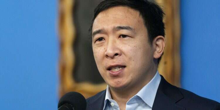 Andrew Yang, a New York City Democratic mayoral candidate, speaks out against anti-Asian hate crimes during a news conference at the National Action Network, Thursday, March 18, 2021 NYC mayoral candidate: BDS is 'nonviolent,' but 'anti-Semitic'