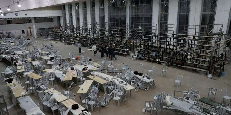 A view inside a Givat Ze'ev synagogue after a bleacher collapsed on May 16, 2021 2 dead, 132 injured in Jerusalem as synagogue bleacher collapses