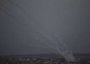 Rockets are launched from the Gaza Strip towards Israel, at dusk Monday, May 10, 2021 Netanyahu says terrorists 'crossed red line,' Israel will respond 'with massive force'