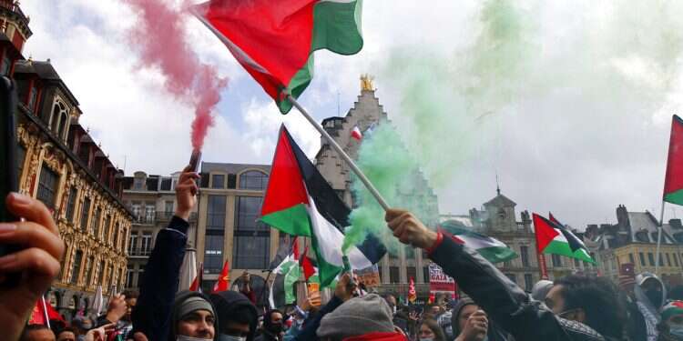 People hold Palestinian flags and flares during a demonstration in Lille, northern France, May 15, 2021 European cities see anti-Israel protests, Paris police use tear gas at banned march