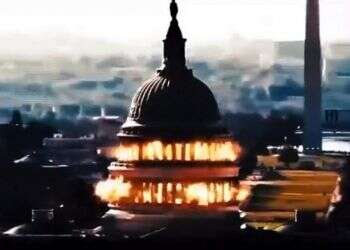 A screenshot of Iranian state TV threatening to blow up the US Capitol in Washington, DC | Screenshot Iranian state TV airs video of US Capitol exploding