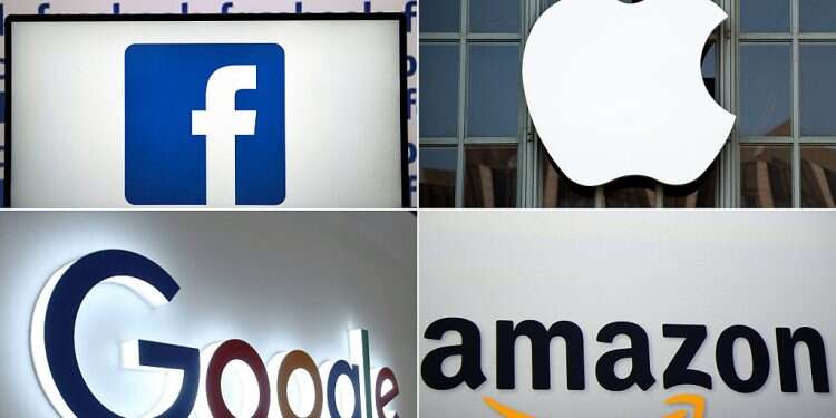 Composite photo shows the logos of tech giants Facebook, Apple, Google, and Amazon Shares in US tech giants a notch lower after landmark G7 tax deal