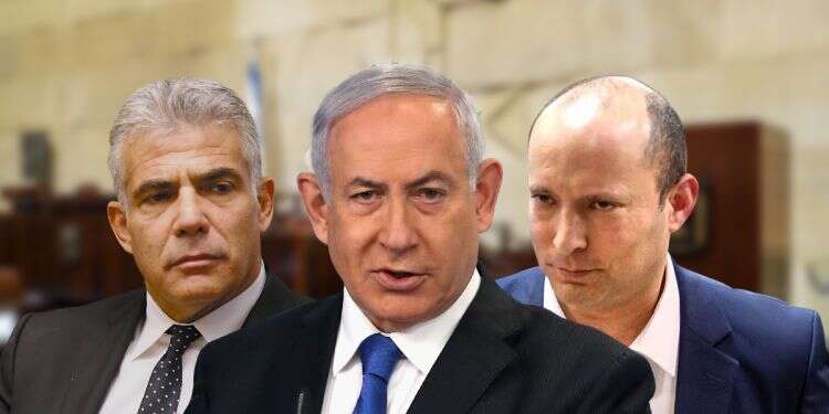 Yesh Atid leader Yair Lapid, PM Benjamin Netanyahu and Yamina chief Naftali Bennett Poll: 42% of Israelis don't believe Bennett-Lapid government will last